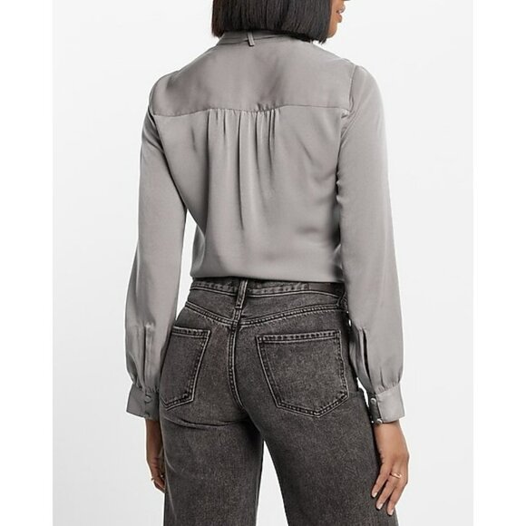 Express Portofina Brown Tie-Neck  Blouse With Long Sleeves & Button Cuffs For Wo - Picture 10 of 10